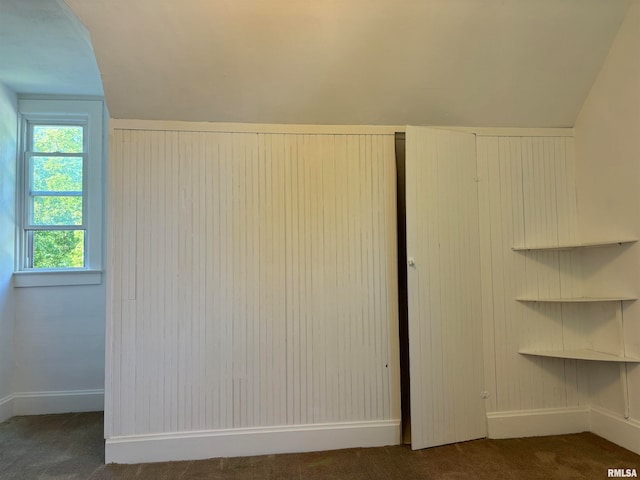 interior space featuring vaulted ceiling and carpet floors