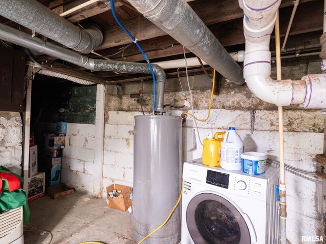 basement with washer / clothes dryer and gas water heater