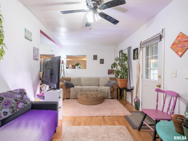 living room with ceiling fan and light hardwood / wood-style floors