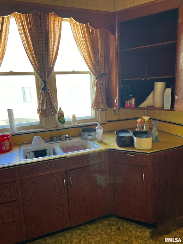 kitchen with tasteful backsplash, a wealth of natural light, and sink