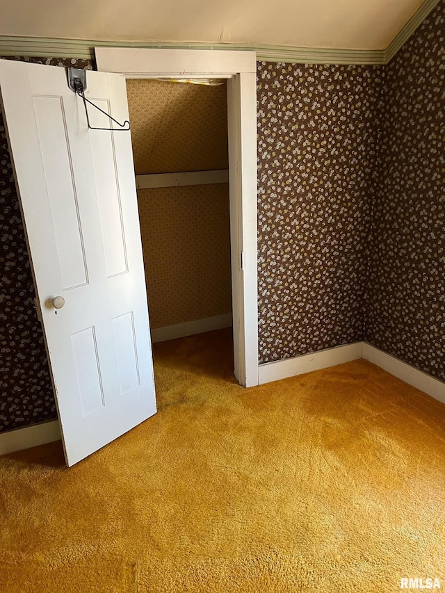 unfurnished bedroom featuring a closet, carpet flooring, and crown molding