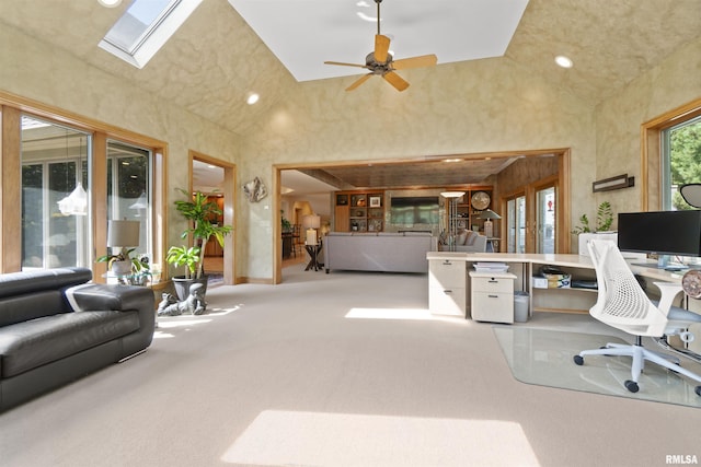 200 W Ravinwoods Rd, Peoria, IL 61615 - office featuring high vaulted ceiling, carpet floors, ceiling fan, recessed lighting, and a skylight