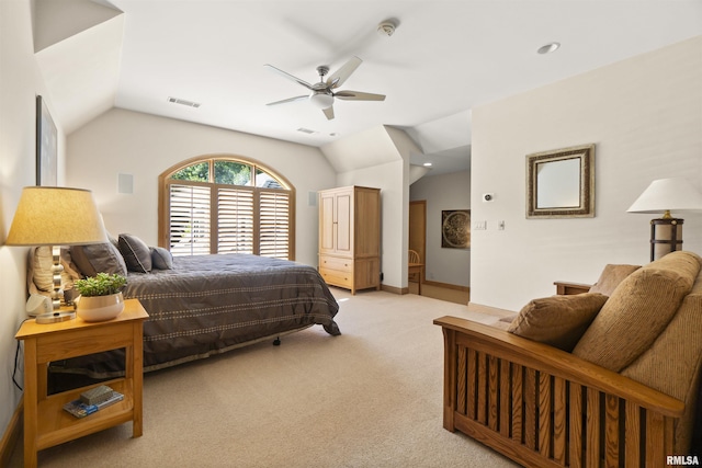 200 W Ravinwoods Rd, Peoria, IL 61615 - bedroom with lofted ceiling, light colored carpet, and a ceiling fan