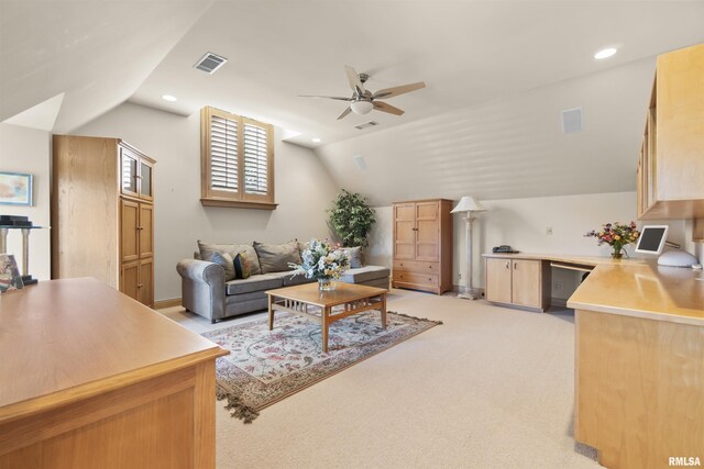200 W Ravinwoods Rd, Peoria, IL 61615 - living room with vaulted ceiling, a ceiling fan, light carpet, and recessed lighting