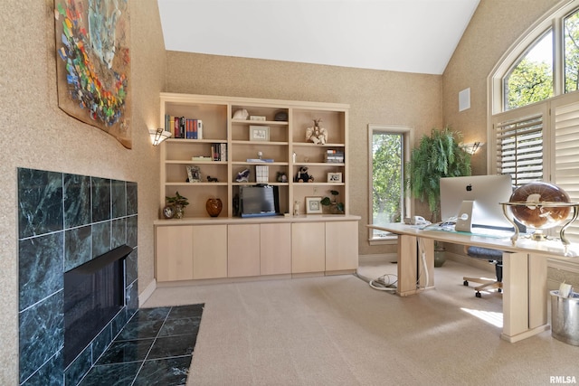 200 W Ravinwoods Rd, Peoria, IL 61615 - carpeted office with plenty of natural light, lofted ceiling, and a fireplace