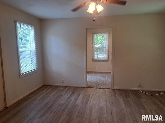 unfurnished room with a wealth of natural light, wood-type flooring, and ceiling fan