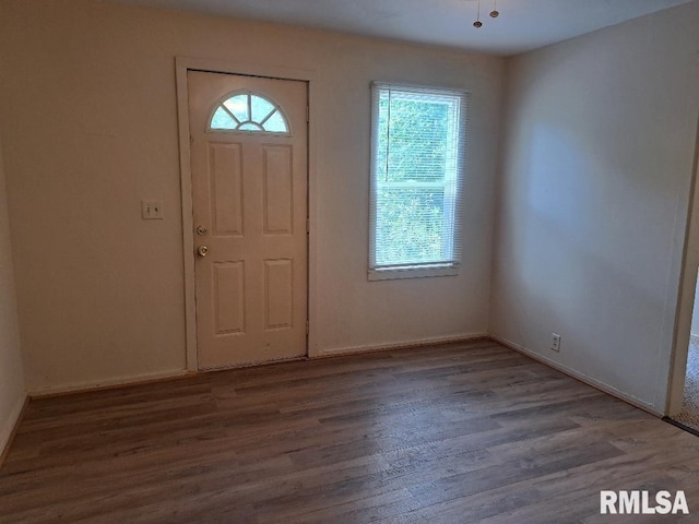 entryway with wood finished floors and baseboards