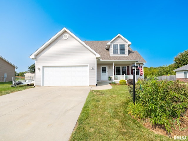 cape cod-style house with a porch, a garage, and a front lawn