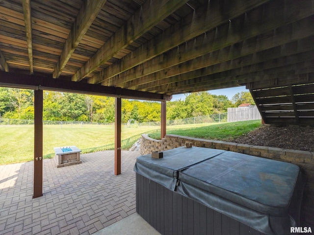 view of patio / terrace featuring a hot tub