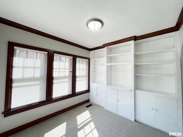 interior space with light carpet and ornamental molding