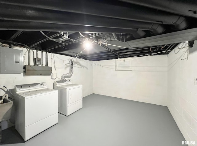 basement featuring washer and clothes dryer and electric panel