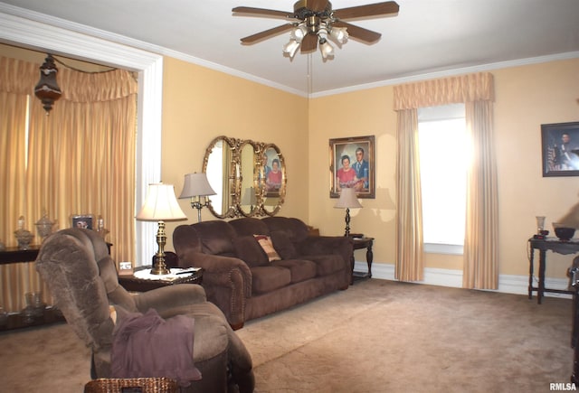 living room featuring ceiling fan, crown molding, and carpet flooring