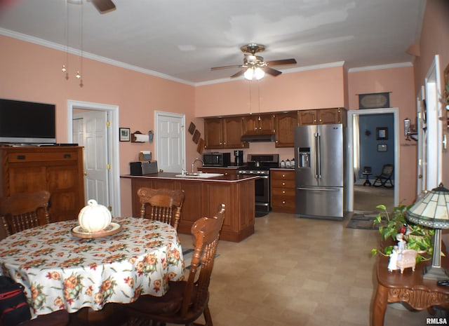 kitchen with ornamental molding, stainless steel appliances, ceiling fan, and sink