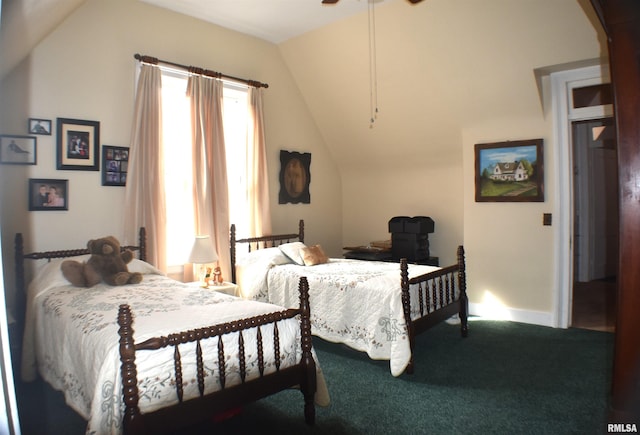 carpeted bedroom featuring vaulted ceiling