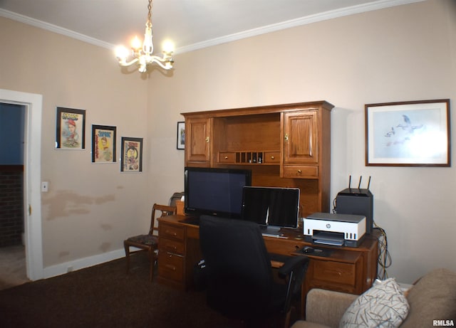 office featuring an inviting chandelier and crown molding