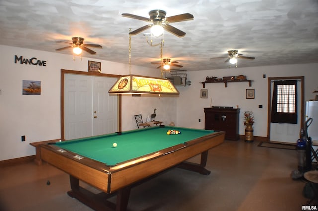 recreation room featuring ceiling fan and billiards