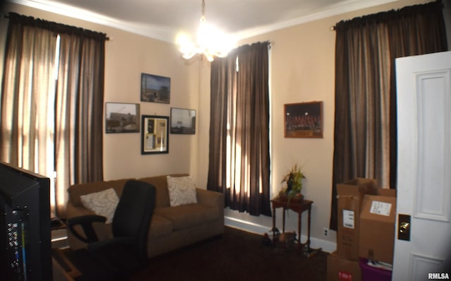 living room featuring crown molding