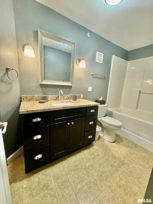 full bathroom featuring shower / tub combination, tile patterned flooring, vanity, and toilet