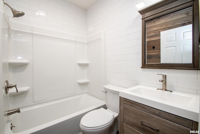 full bathroom featuring tile walls, decorative backsplash, shower / bathing tub combination, vanity, and toilet