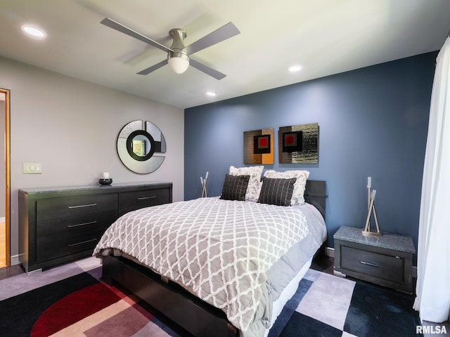 bedroom with carpet floors and ceiling fan