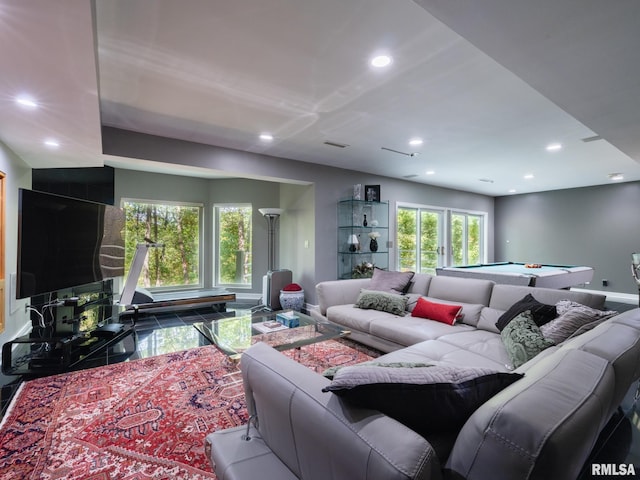 tiled living room with pool table