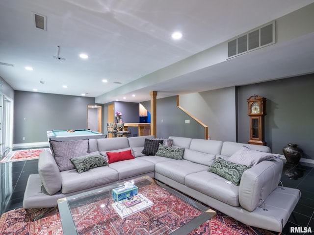 tiled living room featuring pool table