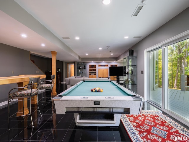 playroom with pool table and dark tile patterned flooring