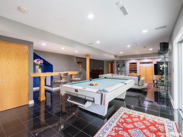 game room with pool table, built in shelves, and ornate columns