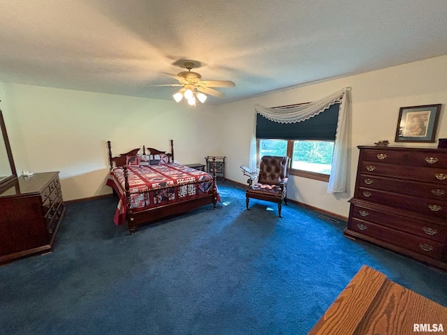 bedroom featuring ceiling fan, a textured ceiling, and dark colored carpet