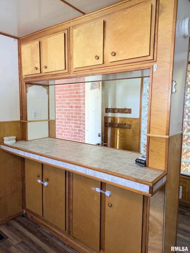 kitchen featuring wooden walls and dark hardwood / wood-style floors