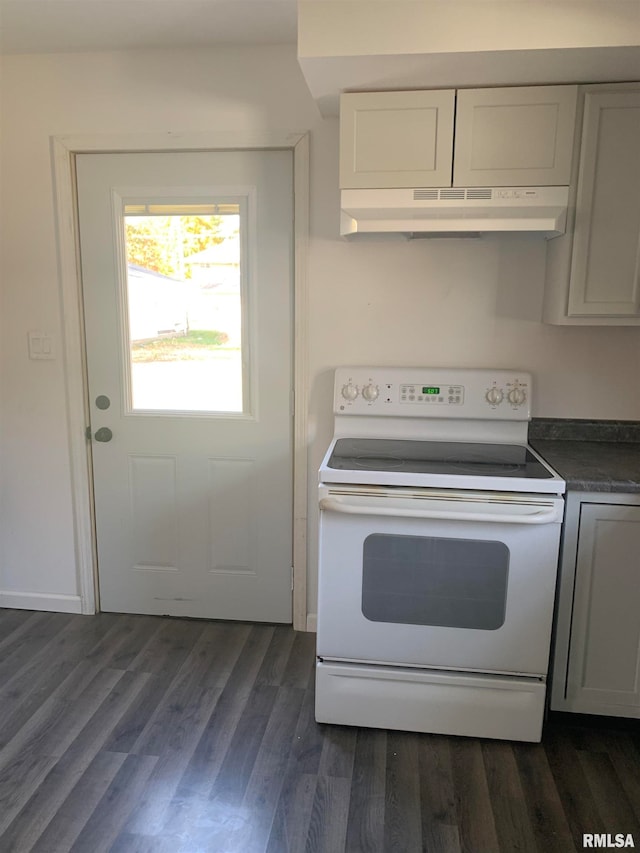 kitchen featuring white range with electric stovetop, white cabinets, and dark hardwood / wood-style flooring