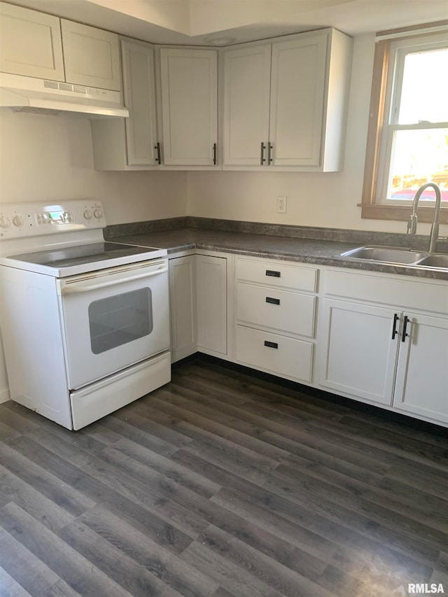 kitchen with sink, white cabinetry, electric range, and dark hardwood / wood-style floors