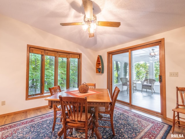 dining area with ceiling fan, hardwood / wood-style flooring, plenty of natural light, and a textured ceiling