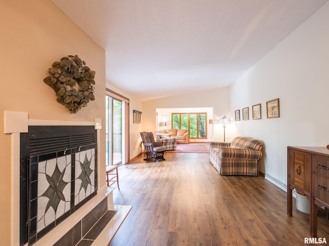 living room with lofted ceiling, a baseboard heating unit, and hardwood / wood-style flooring