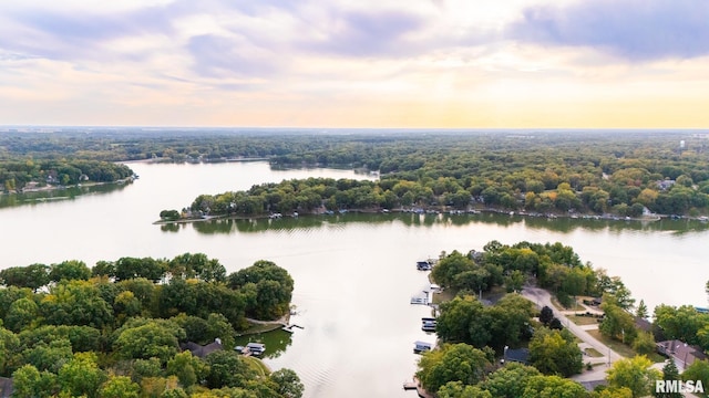 aerial view at dusk with a water view