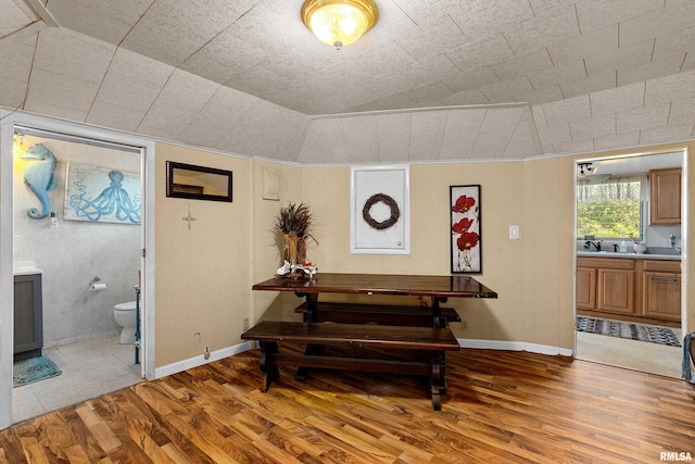 sitting room featuring wood-type flooring and lofted ceiling