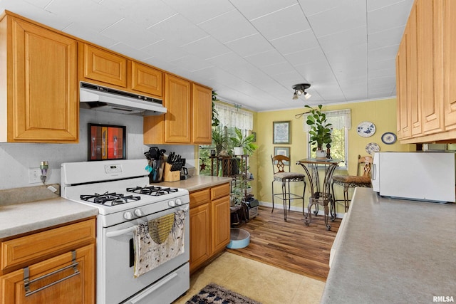 kitchen featuring light wood-type flooring, white appliances, and crown molding