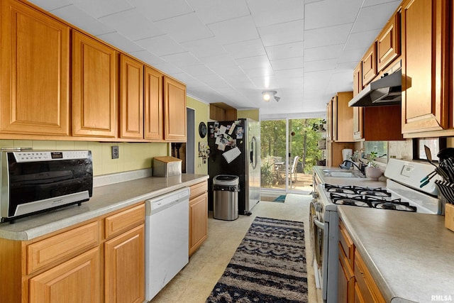 913 E Truitt Ave, Chillicothe, IL 61523 - kitchen featuring white appliances, a toaster, under cabinet range hood, light countertops, and a sink
