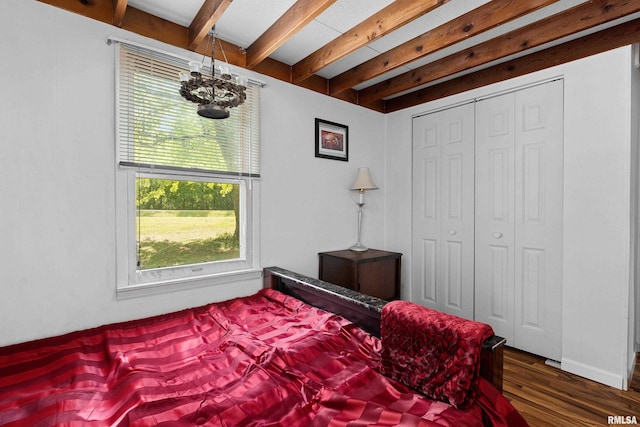 bedroom with beam ceiling, dark hardwood / wood-style floors, and a chandelier