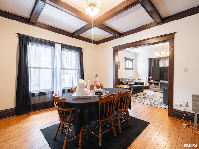 dining room featuring coffered ceiling, an inviting chandelier, beam ceiling, and light hardwood / wood-style floors