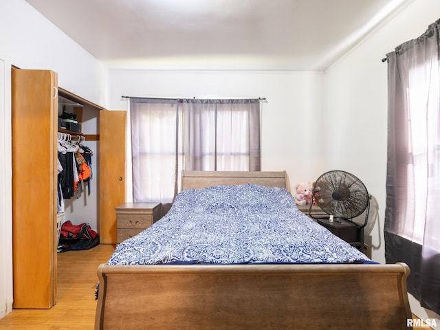 bedroom with multiple windows, light hardwood / wood-style flooring, and a closet