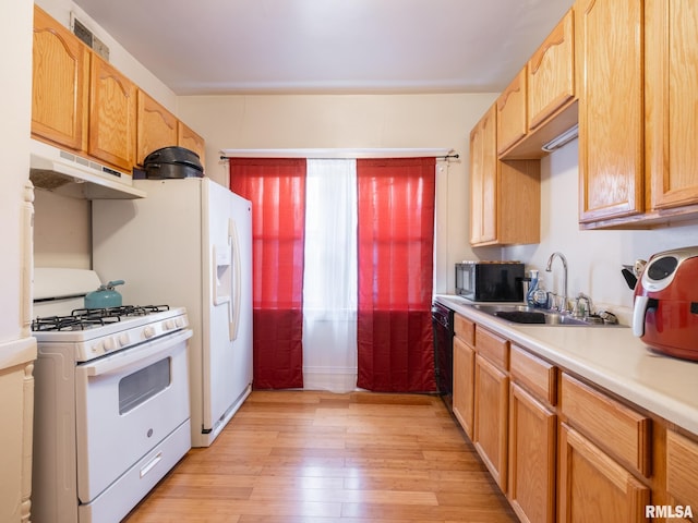 kitchen with light wood-type flooring, black appliances, and sink