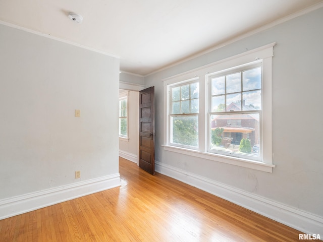 empty room featuring light hardwood / wood-style floors and ornamental molding