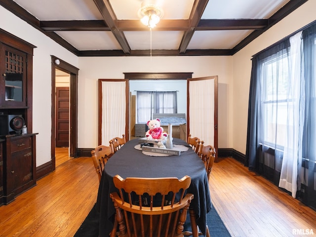 dining area featuring beam ceiling, light hardwood / wood-style floors, and coffered ceiling