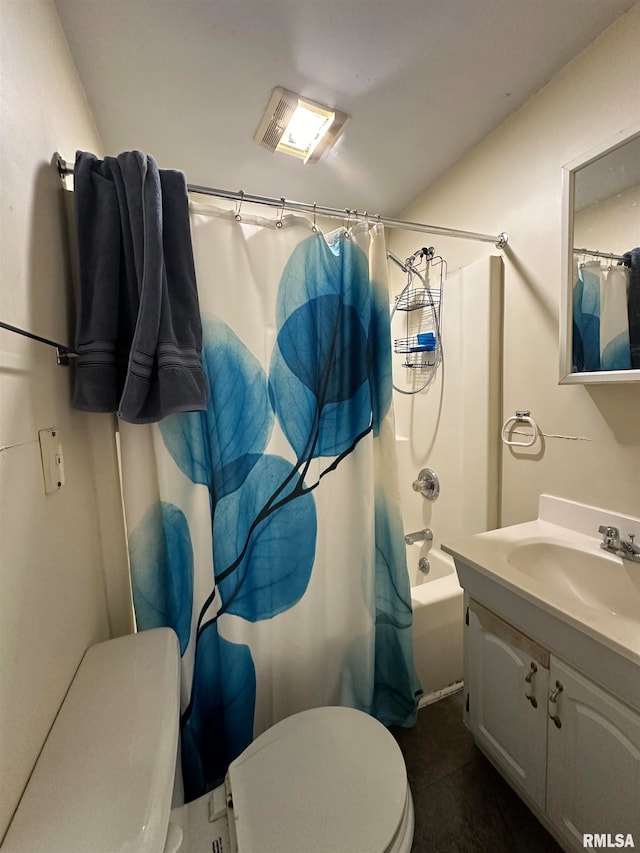 full bathroom with vanity, tile patterned floors, toilet, and shower / tub combo with curtain