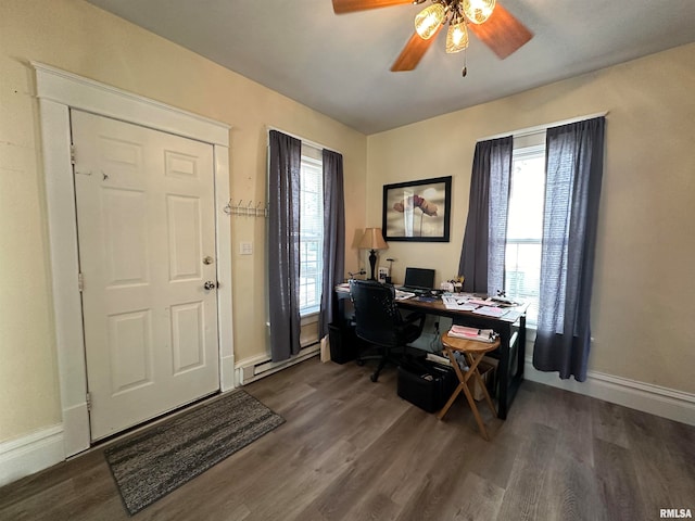 office space featuring ceiling fan, plenty of natural light, dark wood-type flooring, and a baseboard heating unit