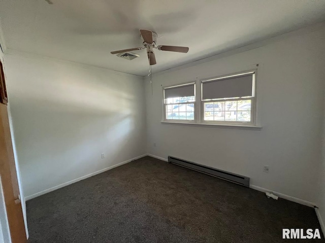 carpeted empty room with ceiling fan and baseboard heating