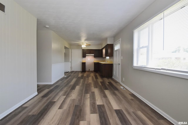 kitchen with dark brown cabinetry, ceiling fan, sink, and dark hardwood / wood-style floors