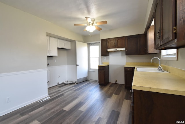 kitchen with dark brown cabinets, ceiling fan, dark wood-type flooring, and sink