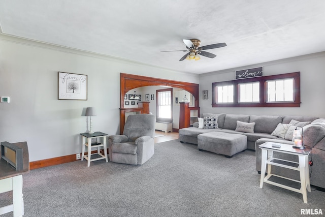 living room featuring ornamental molding, carpet flooring, and ceiling fan